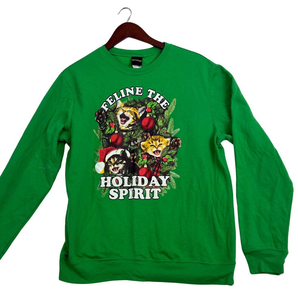 Fifth Sun Feline The Holiday Spirit Cat Christmas Sweatshirt Green XL